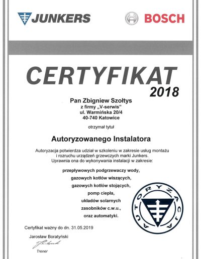 Certyfikat Autoryzowanego Instalatora Junkers Bosch 2018