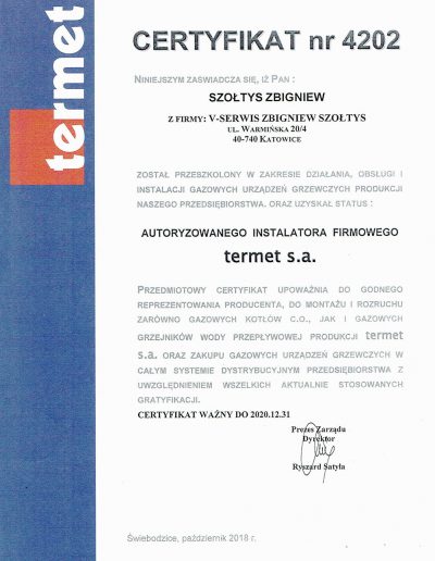 Certyfikat nr 4202 autoryzowanego instalatora firmowego Termet